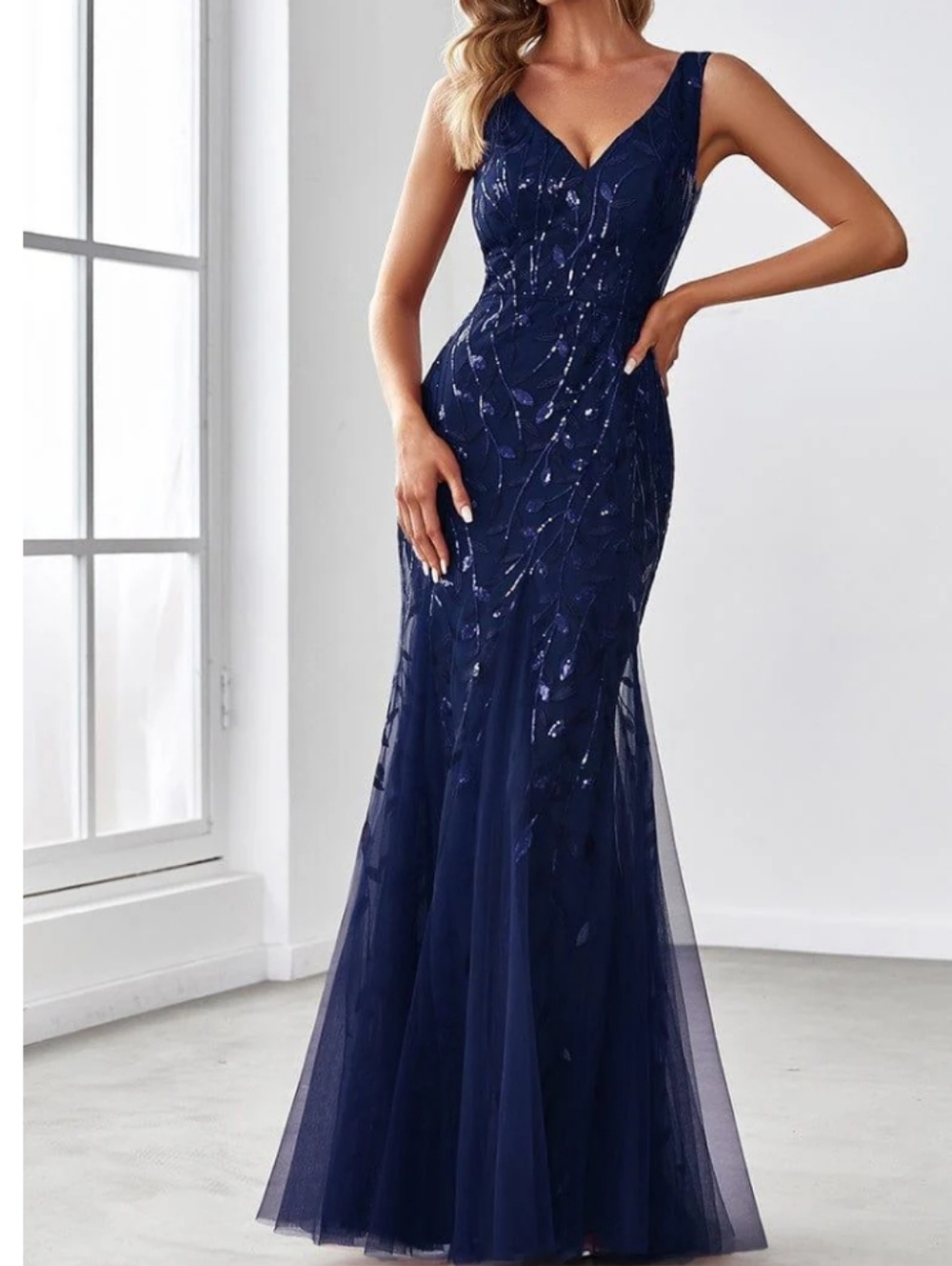 Ever Pretty Pretty Oriel Marmaid Sequin Tull Hem Maxi Dress Navy Blue.